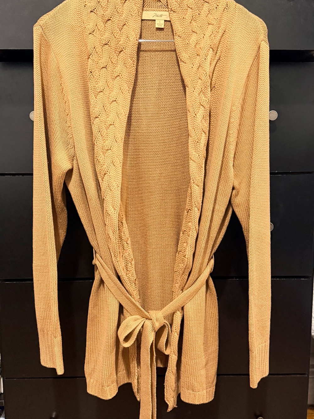 Cable-Trim Tie-Waist Cardigan in Mustard
